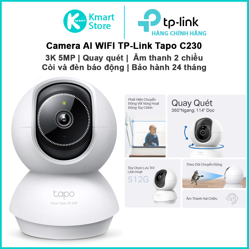 Camera AI WIFI TP-Link Tapo C230 | 3K 5MP (2880×1620 px) | Âm thanh 2 chiều | Quay quét | AI phát hiện thông minh | Bảo hành 2 năm | Hàng Chính Hãng