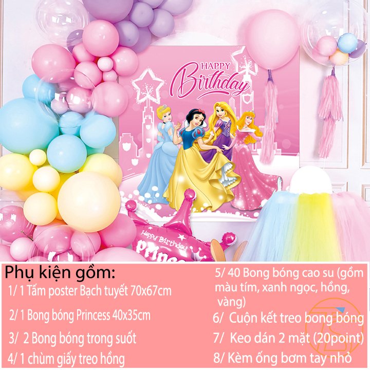 Sét bong bóng trang trí sinh nhật happy birthday công chúa bạch tuyết - Bộ trang trí sinh nhật thôi nôi, đầy tháng cho bé