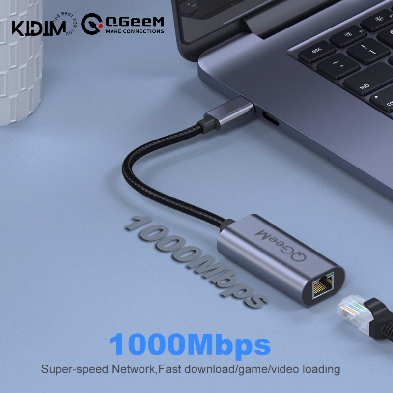 Bộ chuyển đổi QGeeM USB C sang Mạng LAN Ethernet, cáp chuyển đổi Type C sang 1Gigabit Ethernet, Thunderbolt 3 sang RJ45, RJ45 sang USB C-Hàng Chính Hãng