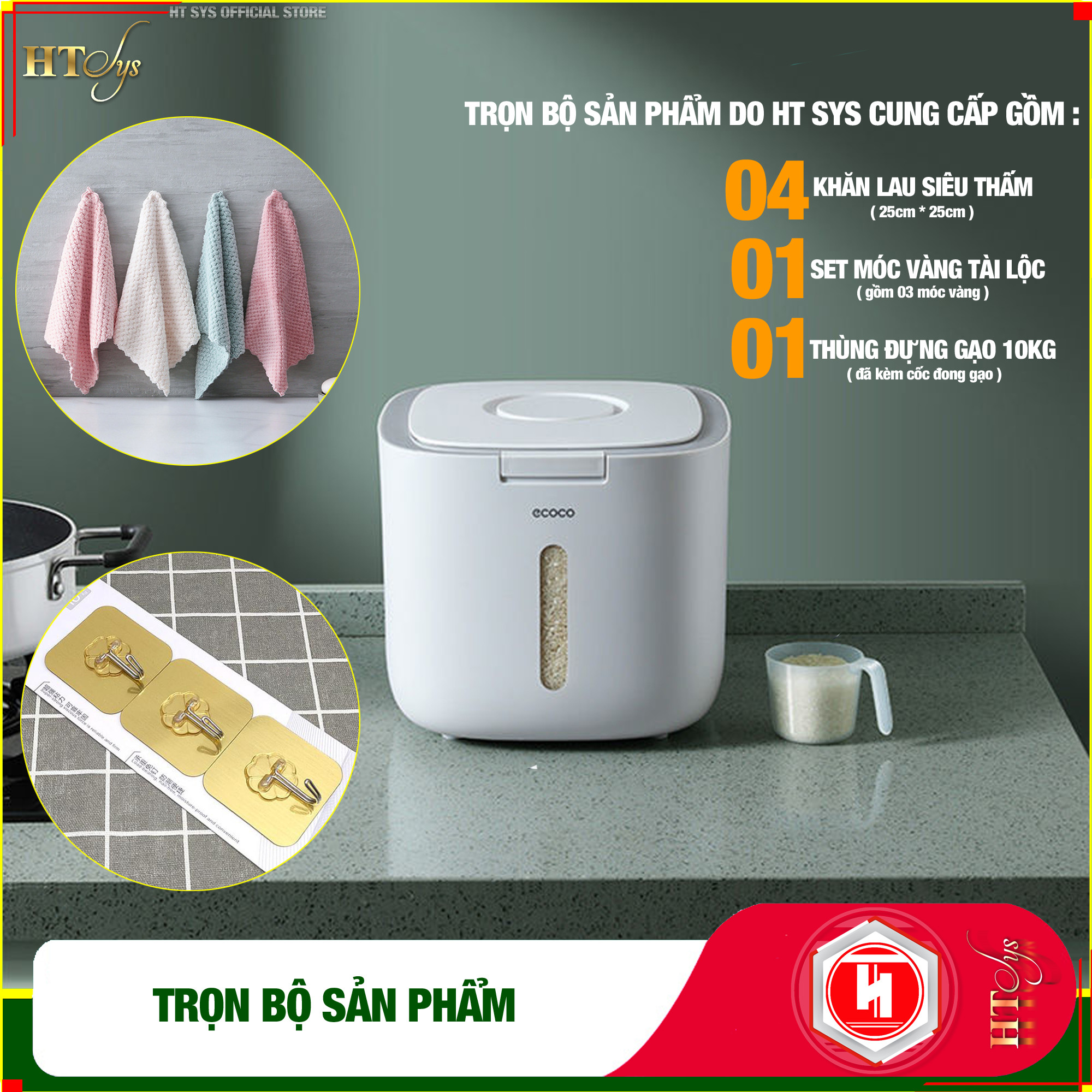 [ComBo] Thùng đựng gạo thông minh 10kg ECOCO - E2005, thiết kế dạng nhấn nút, chất liệu ABS cao cấp + 01 Vỉ móc Vàng Tài Lộc + 04 Khăn lau siêu thấm