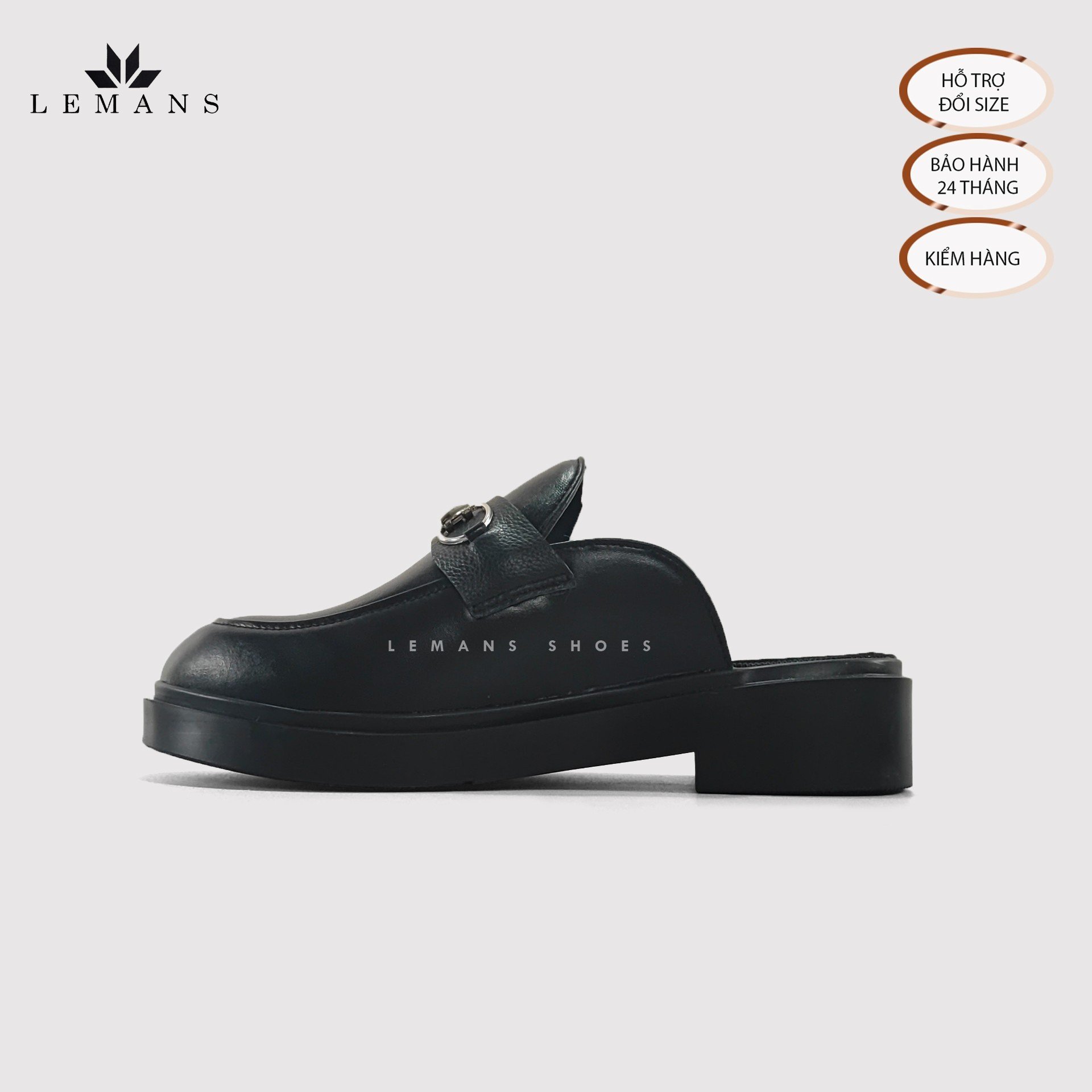 Giày Sục LEMANS Mules Loafer - Black. Da bò nguyên tấm Đế khuôn độc quyền tăng cao 4cm. Bảo hành 24 Tháng