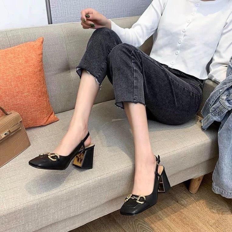 Sandal 7cm gót bọc khoá DD vàng- giày cao gót nữ bít mũi gót vuông