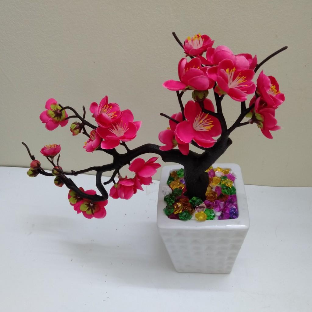 Cây giả, chậu cây đào bonsai kiểu dáng nghệ thuật để bàn trang trí nhà cửa tết
