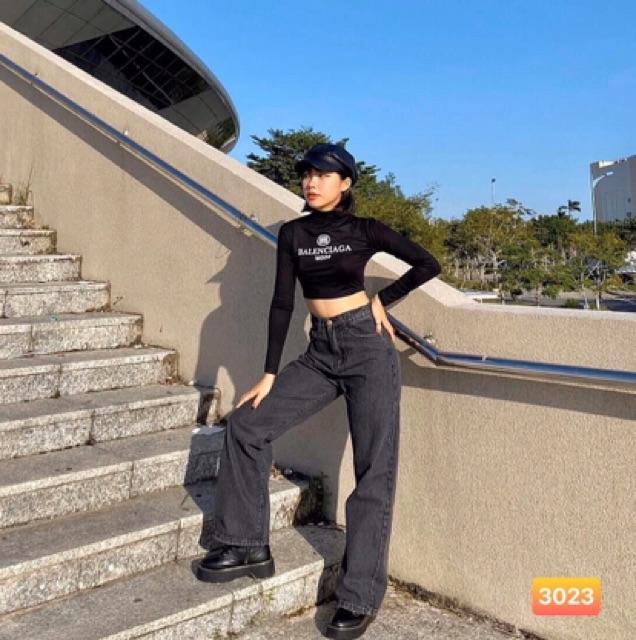 QUẦN JEANS ỐNG RỘNG CẠP CAO DÁNG DÀI CHẤM GÓT- ảnh thật shop chụp
