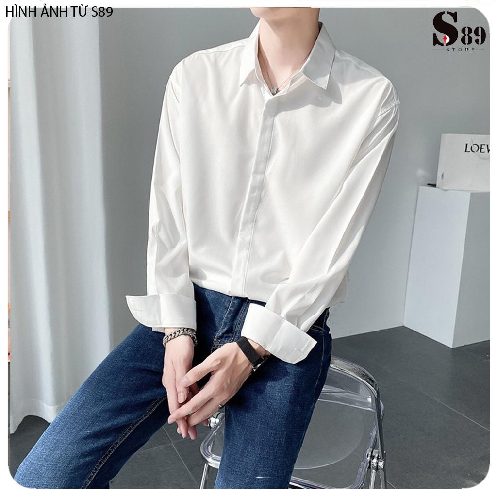 Áo Sơ Mi nam lụa trơn Cao Cấp không nhăn kiểu giấu cúc Đen Trắng Nâu Xám - form đẹp vừa ôm ,suông rộng công sở Hàn Quốc