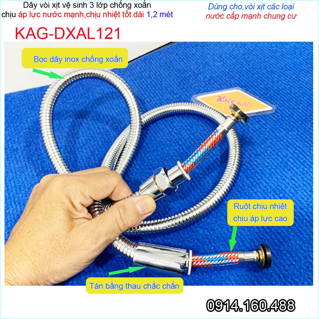 Dây sen chịu nhiệt chịu áp 1.2m KAG-DXAL121 dây vòi xịt dây mềm cấp nước 1.2m giá tốt sử dụng tốt