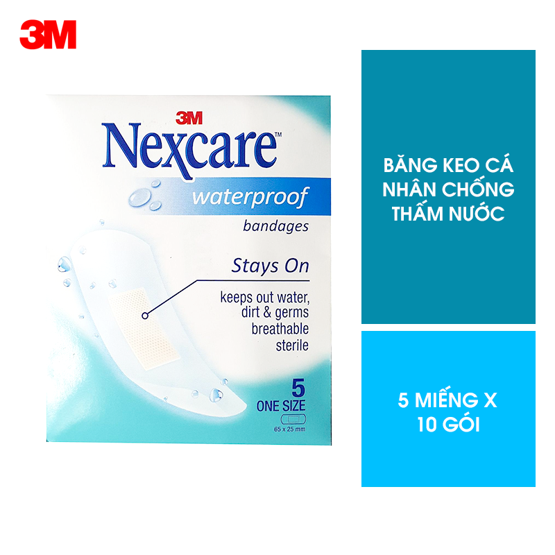 Băng keo cá nhân Nexcare 3M 25x65mm 50 miếng/ hộp - Chống thấm nước, co dãn tốt WTPS10