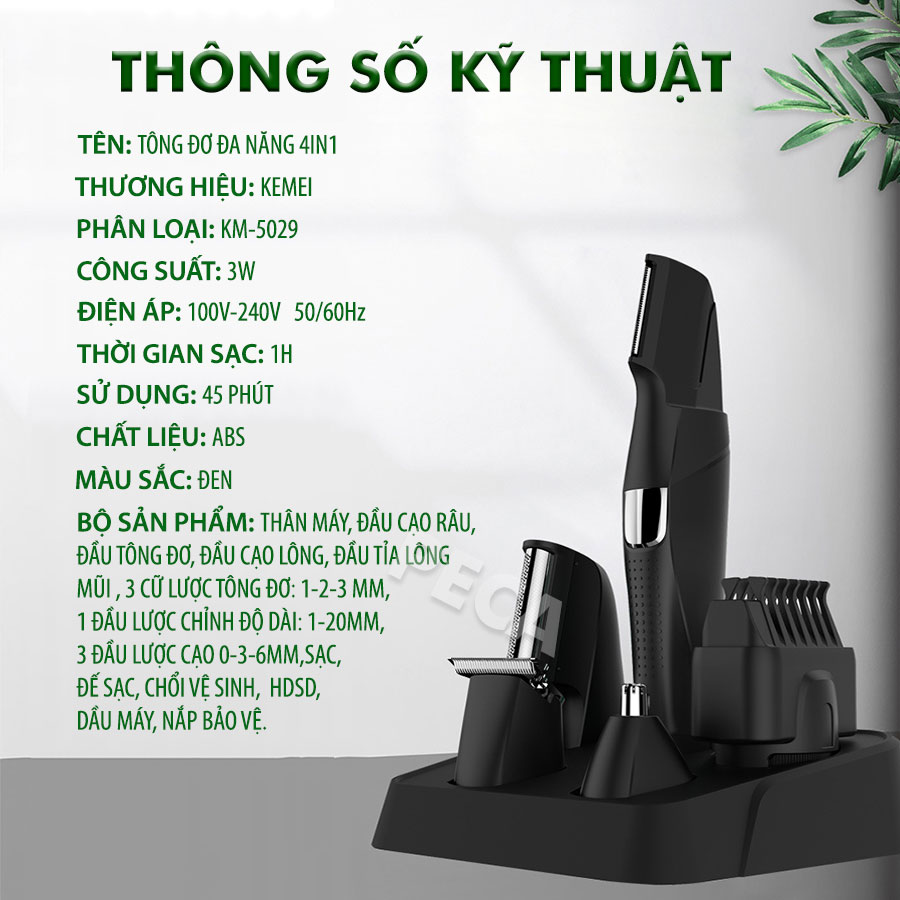 Tông đơ đa năng 4in1 KEMEI KM-5029 nhiều đầu thay thế chuyên dụng cắt tóc, cạo râu, cạo đầu, cạo lông toàn thân, tỉa lông chân mày, tỉa lông mũi sạc nhanh 1h - hãng phân phối chính thức