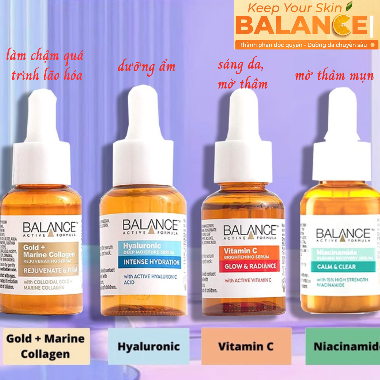 Serum dưỡng da Vitamin C, Hyaluronic, Niacinamide, Gold Collagen Balance Anh giúp sáng da, mờ thâm, dưỡng ẩm, trẻ hóa da - OZ Slim Store