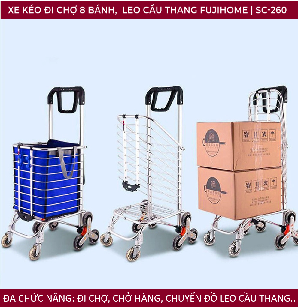 Xe kéo đi chợ leo cầu thang 8 bánh Nhật Bản Fujihome 60kg, xe đẩy hàng đi chợ gấp gọn có giỏ túi đa năng inox mini market trolley