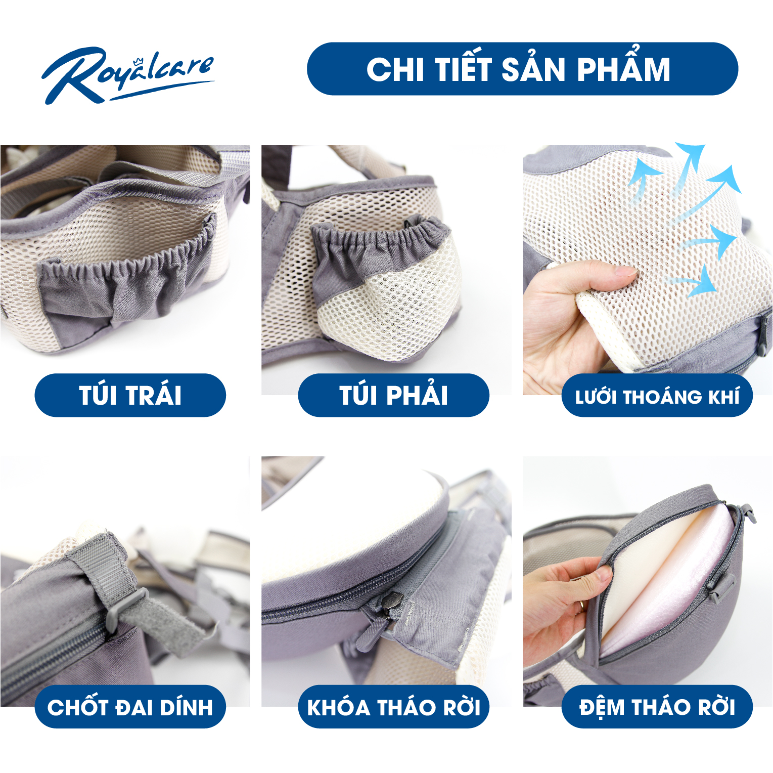 Địu ngồi trẻ em 4 tư thế lưới siêu thoáng Air mesh siêu thoáng Royalcare - 906 - cho bé 3 tháng tới 36 tháng - tặng khăn yếm cho bé