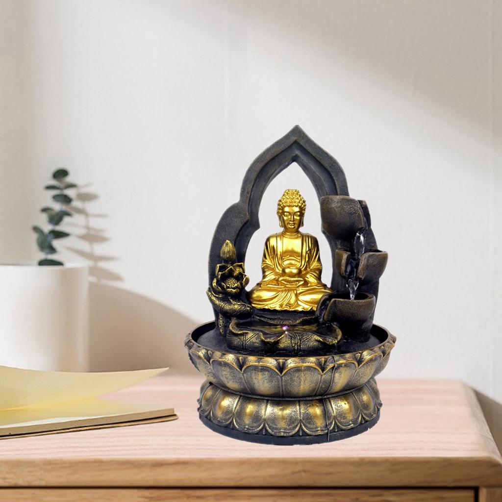 Tabletop Fountain LED Lights Water Waterfall Resin Buddha Statue Sculpture