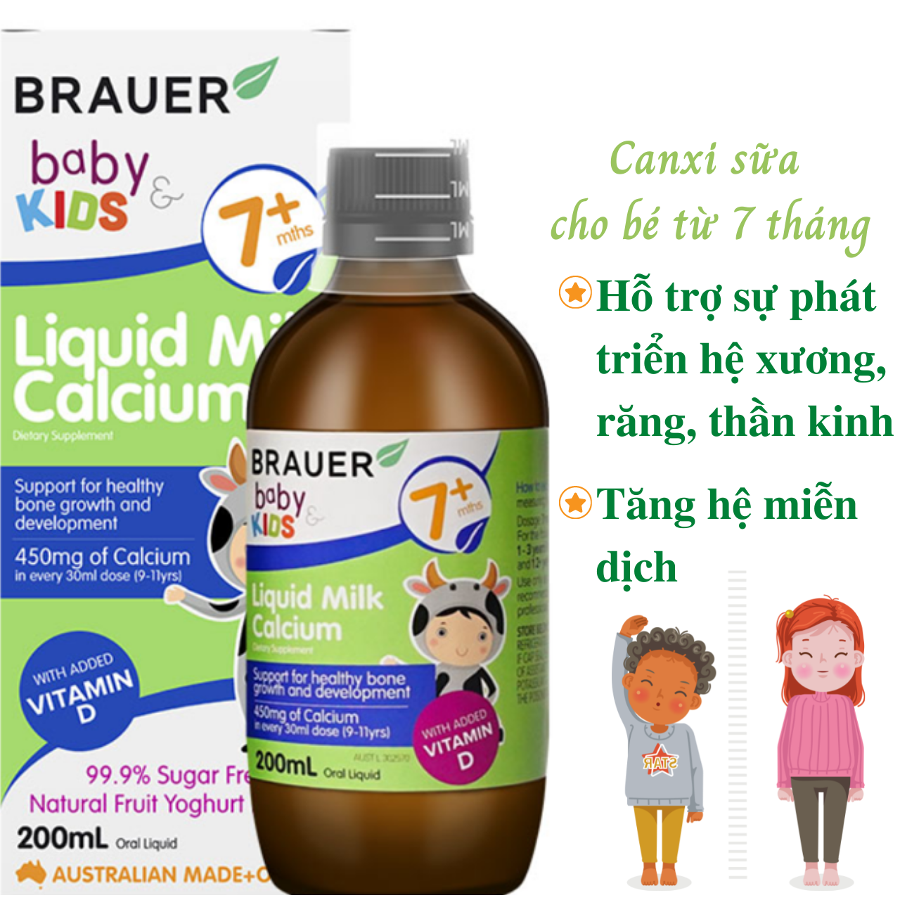 Canxi sữa và Vitamin D cho bé từ 7 tháng Brauer Liquid Milk Calcium Úc tăng chiều cao, phát triển xương, răng, ngủ ngon - Massel Official - 200ml/lọ