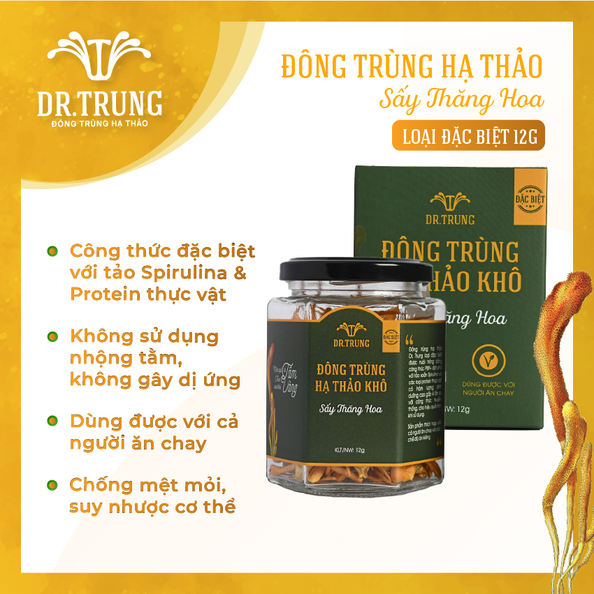 Đông trùng hạ thảo Dr. Trung Sấy thăng hoa loại Đặc biệt - Công thức cải tiến đặc biệt với tảo Spirulina và Protein thực vật, Không sử dụng nhộng tằm, không gây dị ứng, Dùng được với người ăn chay