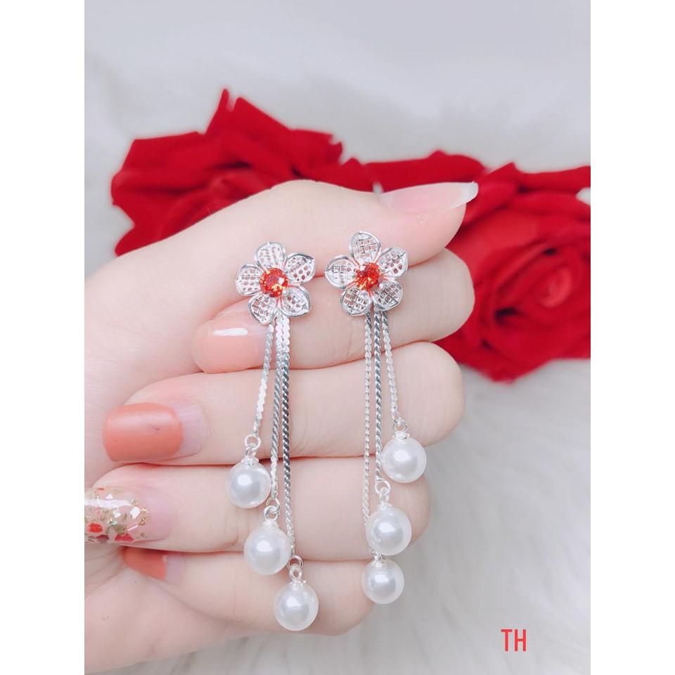 Bông tai bạc gắn 3 hạt trai thả dài MS88