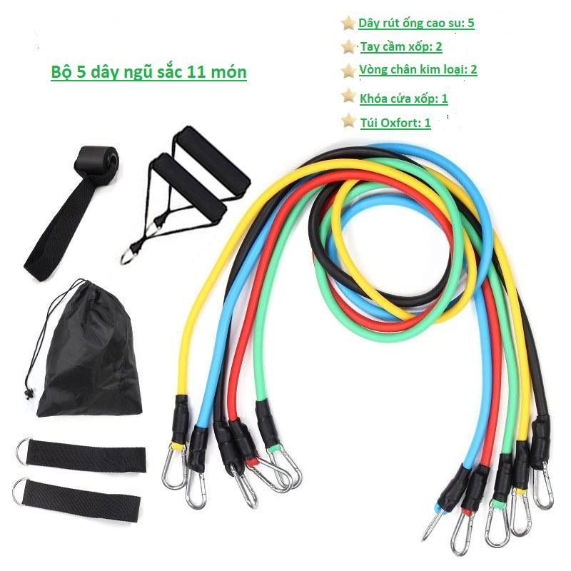 Dây Ngũ Sắc Tập Gym, Bộ 5 Dây Đàn Hồi Kháng Lực Tập Full Body, Dụng Cụ Tập Thể Hình Tại Nhà Đa Năng
