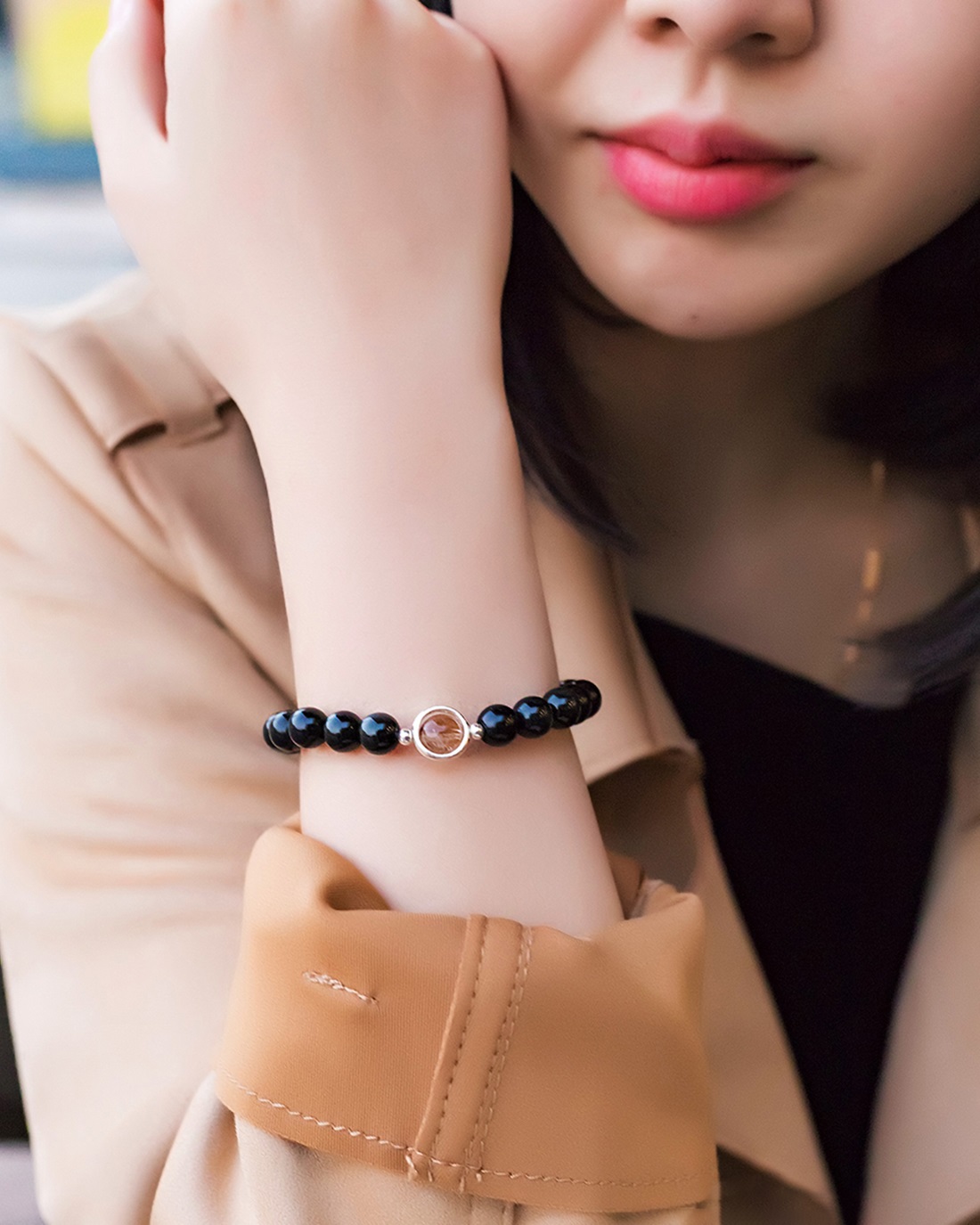 Cặp vòng nam nữ đá Obsidian charm thạch anh tóc vàng - Ngọc Quý Gemstones