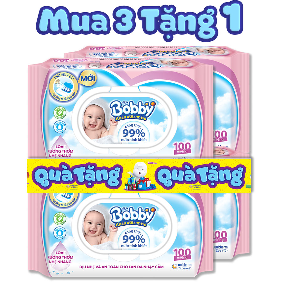 Combo Tiết Kiệm 3 Gói Khăn Ướt Bobby Care Hương Dịu Nhẹ 100 Tờ/Gói - Tặng 1 Gói Cùng Loại