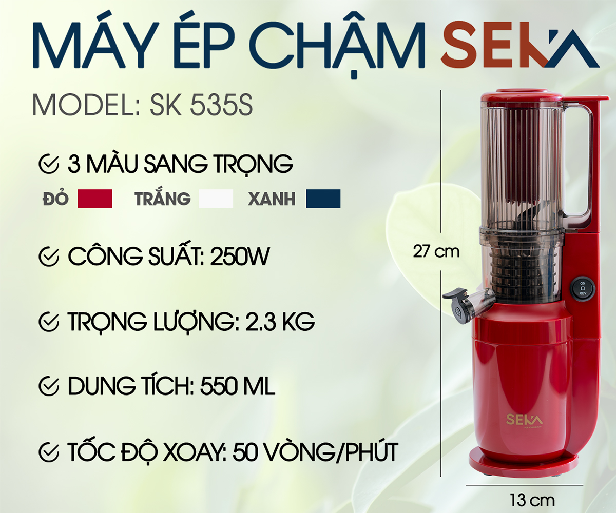 Máy Ép Chậm SEKA FOR YOUR HEALTH, Máy Ép Trái Cây Ép Kiệt Bã, Chạy Êm, Trang Bị Bộ Lọc Mịn - Hàng chính hãng