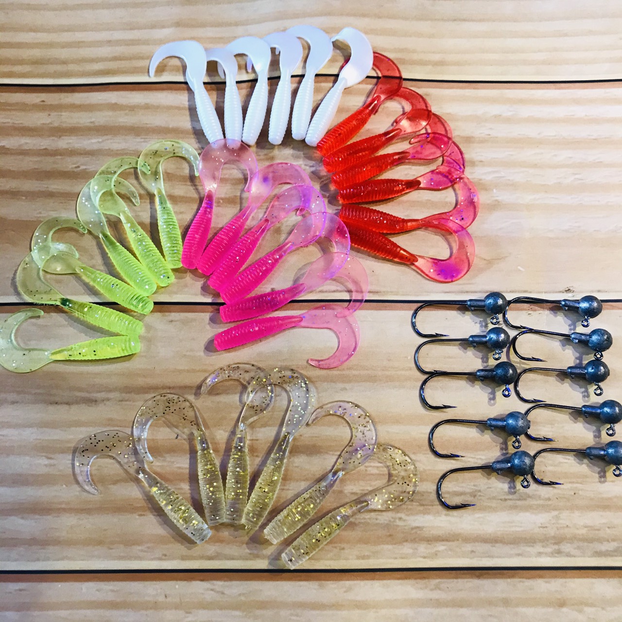 COMBO 10 Lưỡi câu jig head (nặng 5gam)  và 30 mồi giun mềm câu lure dài 5.5cm nặng 2.2gam, mồi câu chìm câu lóc, cá tráp, cá chẽm, câu cá biển, rô phi siêu nhạy