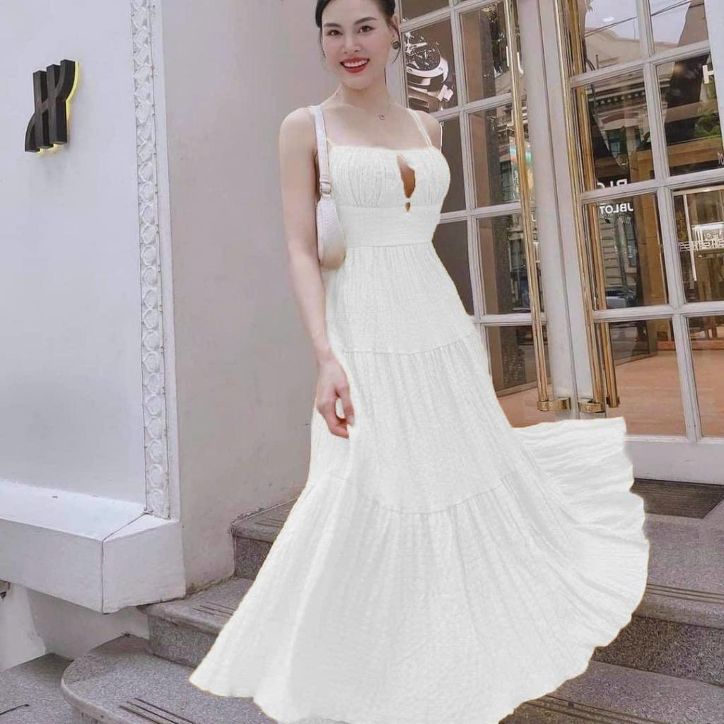 Đầm váy maxi xốp 2 dây nhún tầng hở lưng siêu hot