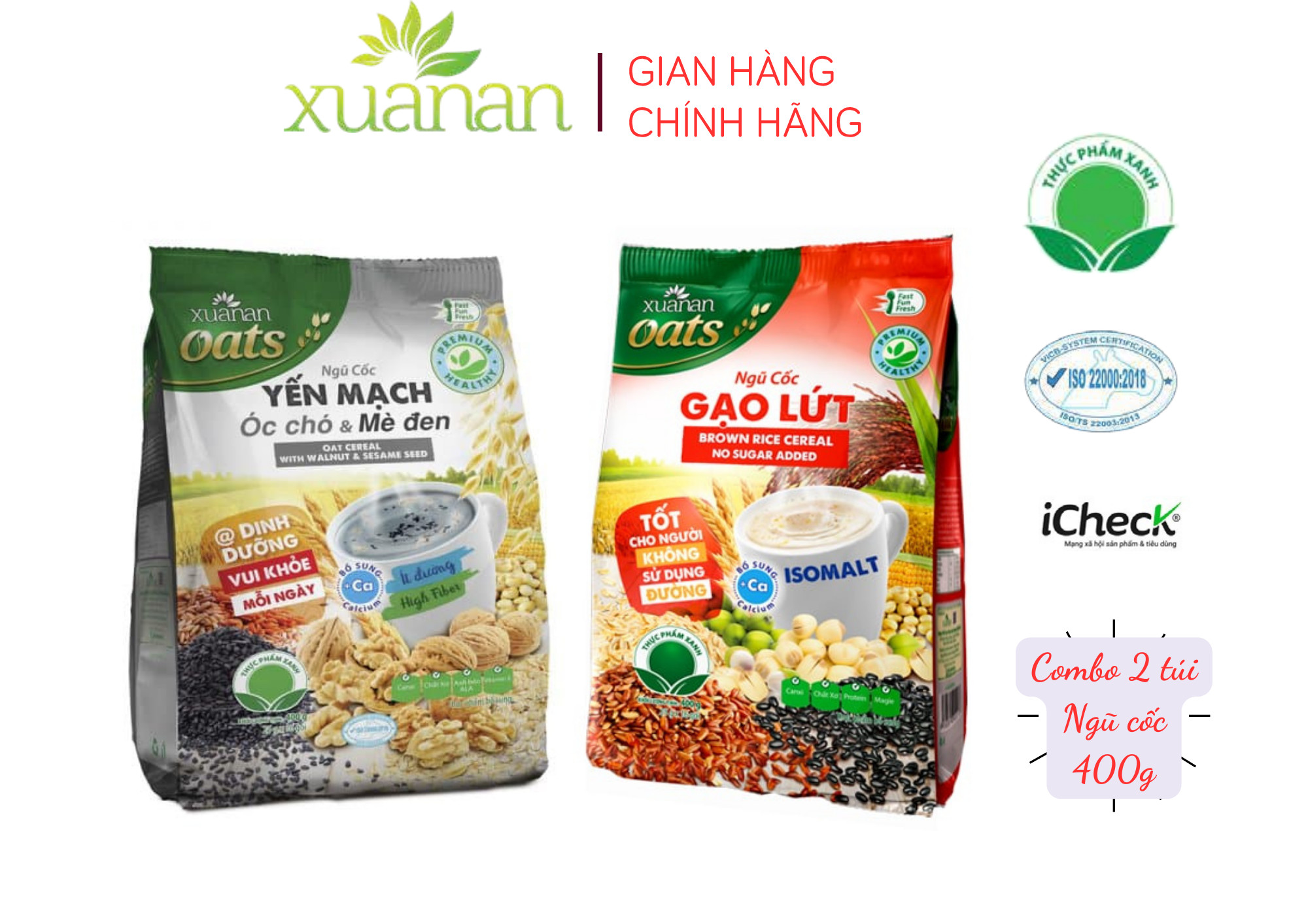 Combo Ngũ Cốc Yến Mạch Óc Chó &amp; Mè Đen ít đường 400G + N.Cốc Gạo Lứt No Sugar[đường ăn kiêng]400G(Tặng Kèm 1 Túi Yến Mạch 150G)