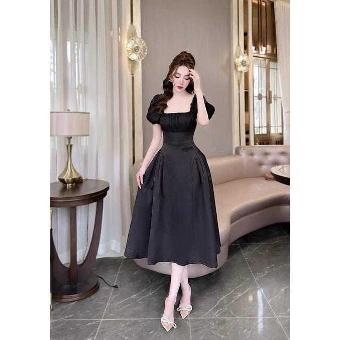 Đầm xoè dạ hội xếp ly ngực tay phồng cổ vuông sang trọng