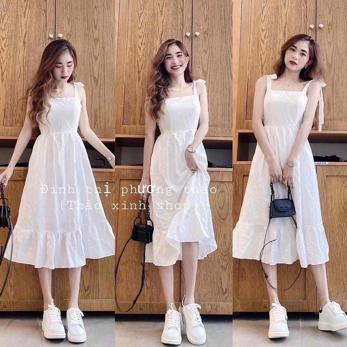 Đầm Trắng dây đũi xoè dáng dài