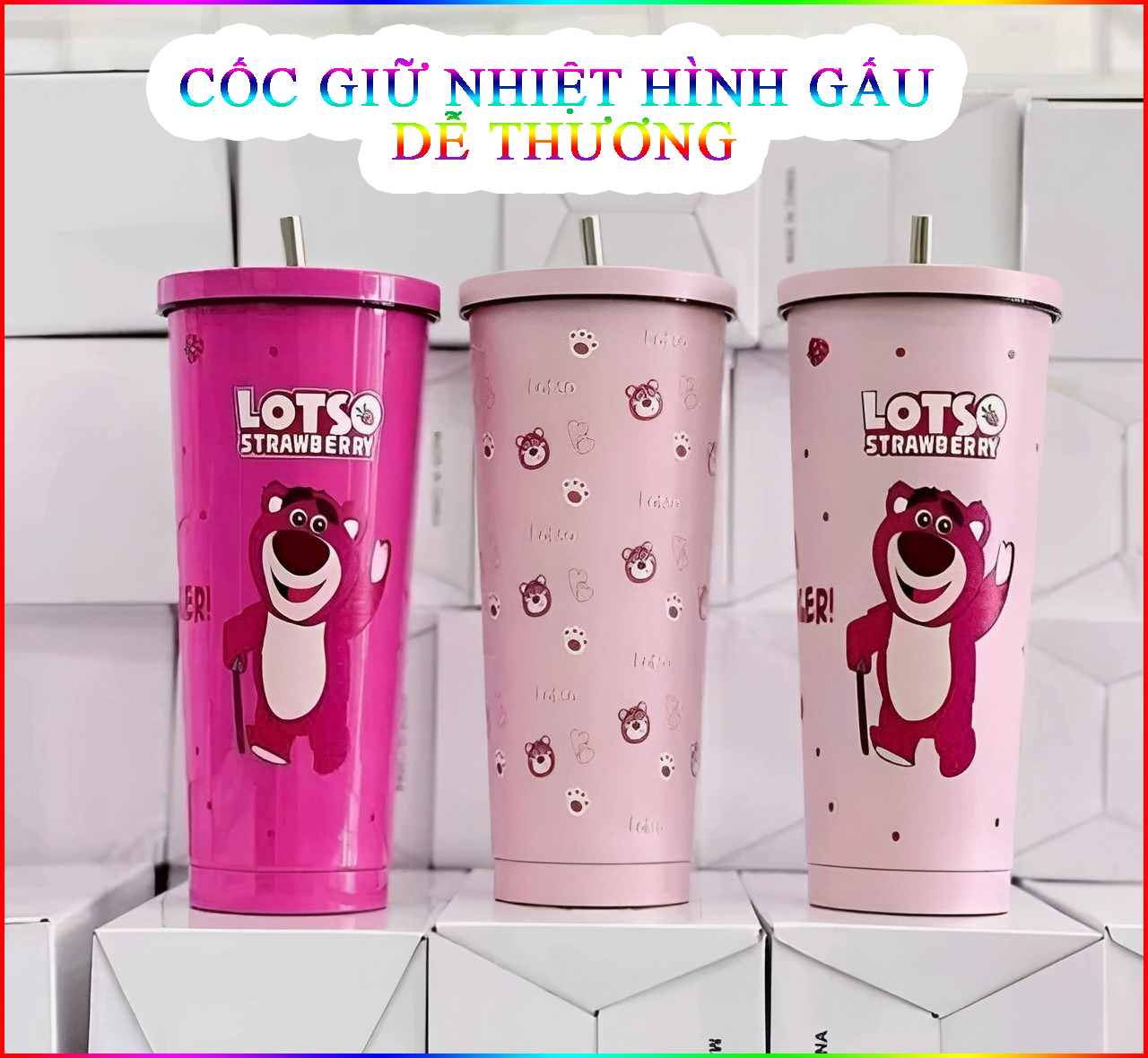 Ly Giữ Nhiệt Inox Hình Gấu Dâu 750Ml Kèm Ống Hút Inox 21.5X10Cm