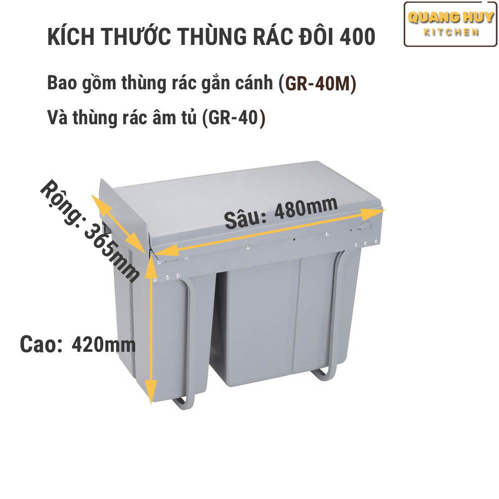 Thùng rác đôi âm tủ bếp hoặc gắn cánh tủ bếp thương hiệu Grob lắp đặt dễ dàng