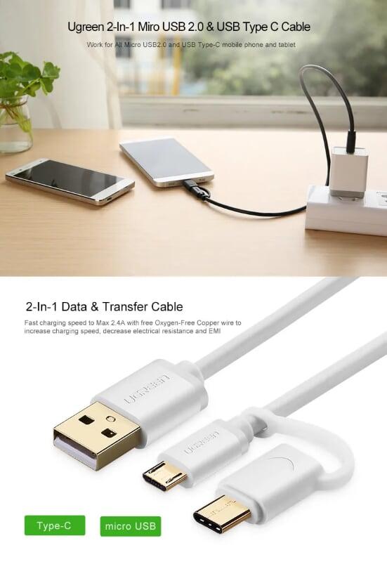 Ugreen UG30381US142TK 2M màu trắng Cáp USB-A sang Micro USB + USB-C cao cấp - HÀNG CHÍNH HÃNG