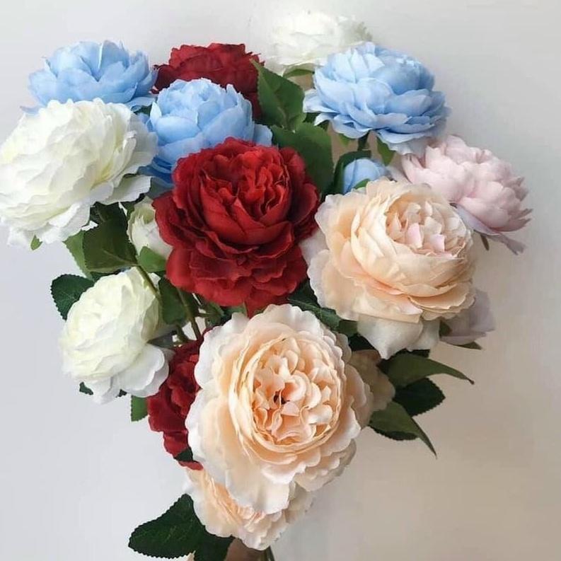 Cành hoa hồng mẫu đơn lụa - hoa hồng giả nhiều màu sắc (3 bông hoa/cành lớn)
