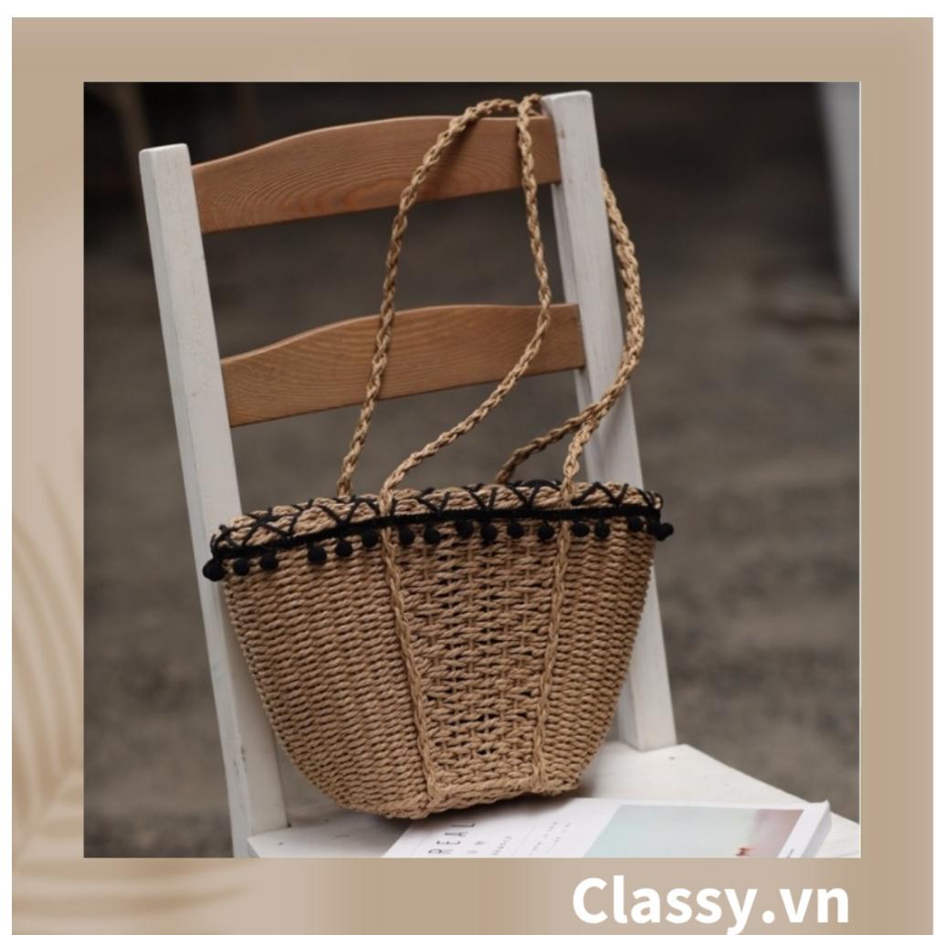 Túi cói Classy đi biển đính hoạ tiết bông gòn đen, kiểu dáng Vintage, có lớp lót trong rộng rãi T331