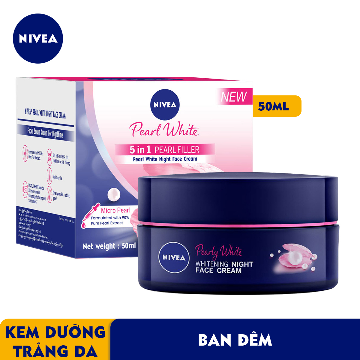 Kem Dưỡng Nivea Ngọc Trai Làm Sáng Da Ban Đêm 50ml 5 in 1 Pearl Filler Pearl White Night Face Cream - 86740