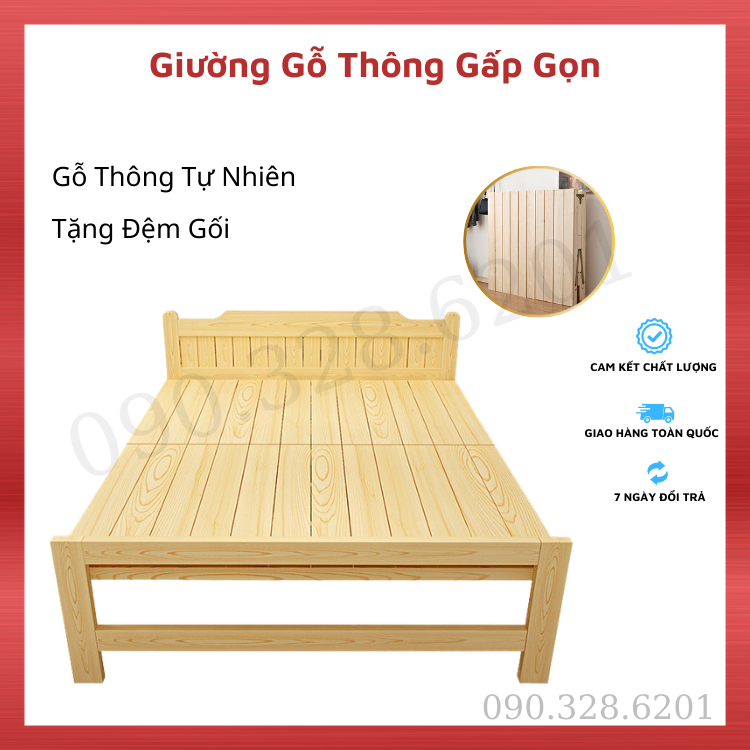 Giường gỗ gấp gọn thông minh, giường ngủ gỗ thông tặng kèm đệm, giường xếp đa năng, giường ngủ văn phòng