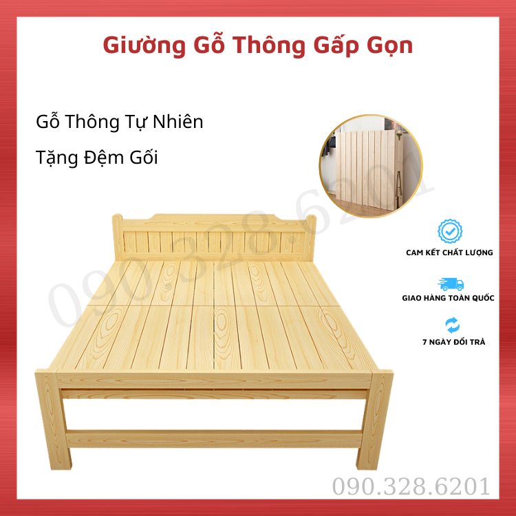 Giường gỗ  gấp gọn thông minh, giường ngủ gỗ thông tặng kèm đệm, giường xếp đa năng, giường ngủ văn phòng