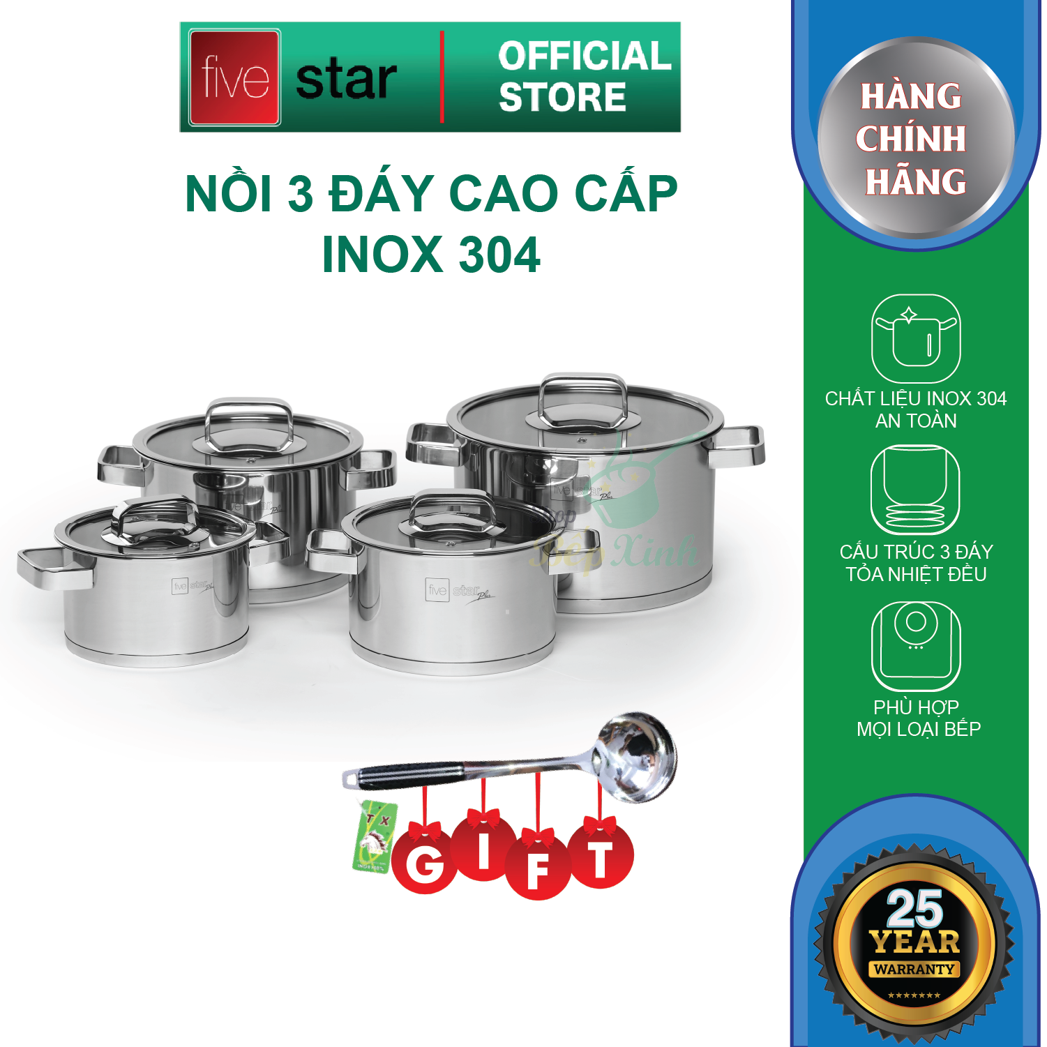 Bộ 4 nồi 3 đáy inox 304 FiveStar Plus quai vuông nắp kính-sử dụng bếp từ