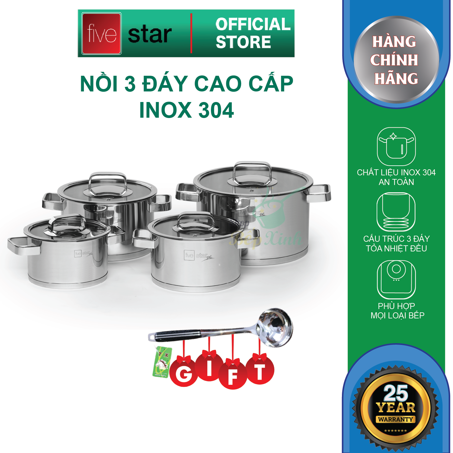 Bộ 4 nồi 3 đáy inox 304 FiveStar Plus quai vuông nắp kính-sử dụng bếp từ ( tặng 1 vá canh )