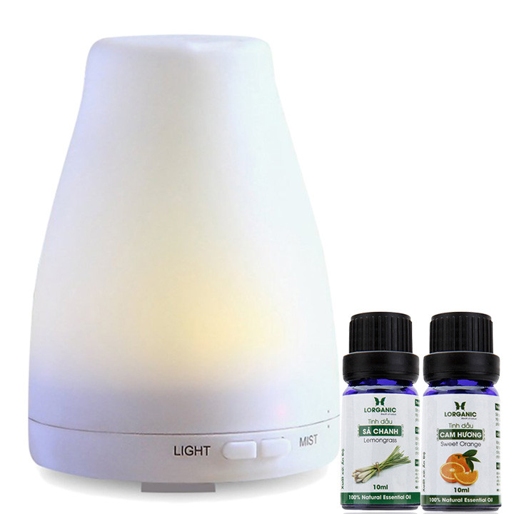 Combo máy khuếch tán tinh dầu led 7 màu FX2012 + tinh dầu Sả Chanh + tinh dầu Cam Lorganic (10ml x2)