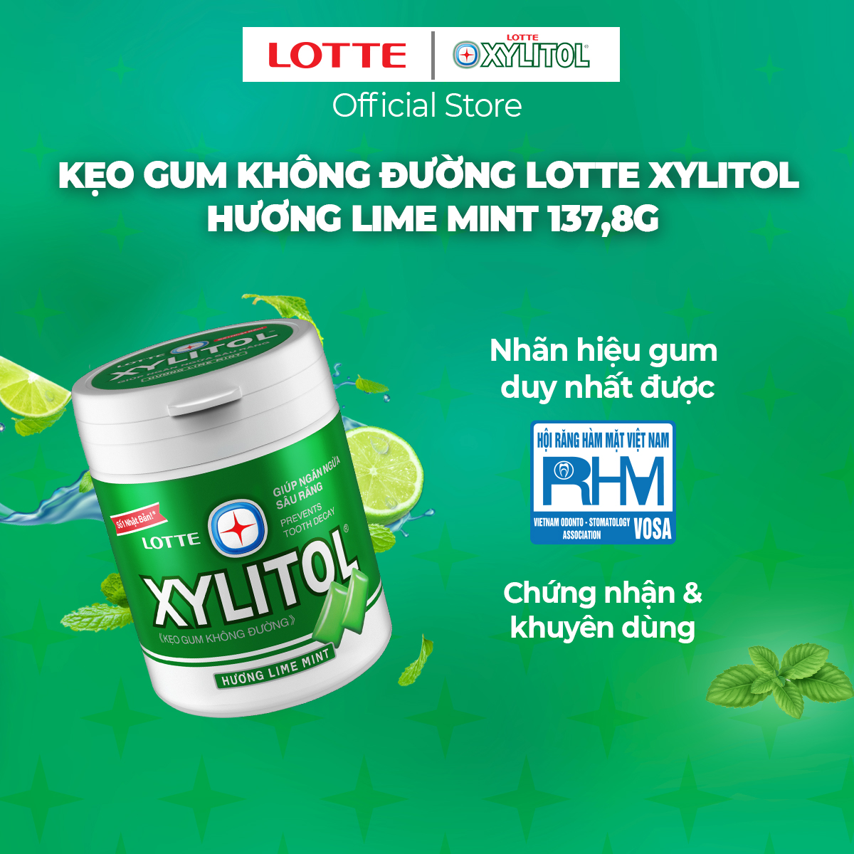 Kẹo Gum không đường Lotte Xylitol - Hương Lime Mint 130,5 g