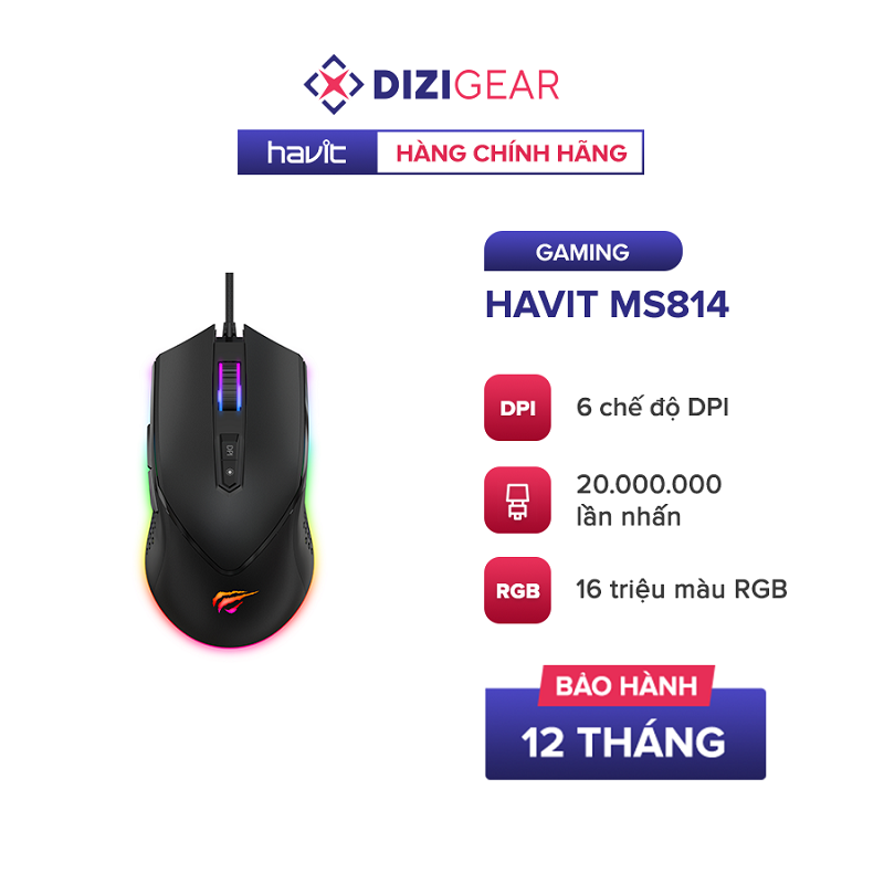 Chuột Gaming Có Dây HAVIT MS814 Thiết Kế Công Thái Học, Nhiều Chức Năng Tiện Dụng - Hàng Chính Hãng