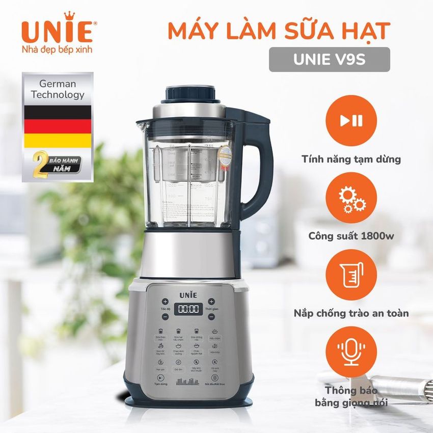 Máy Xay Nấu Sữa Hạt Unie V9S, Sấy Khử Khuẩn, Cối 5 lớp chịu nhiệt, 1800W-1.75L, Hàng chính hãng