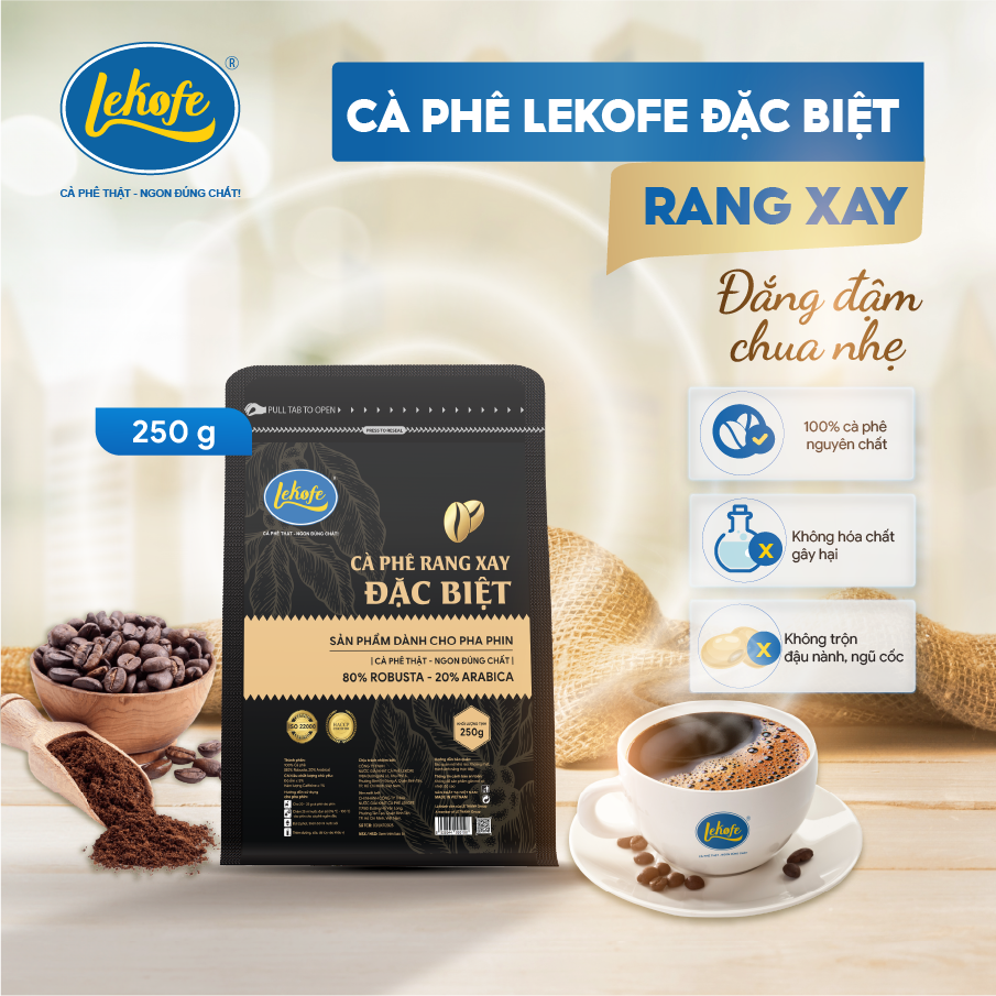 Cà phê rang xay Đặc Biệt Lekofe 80% Robusta 20% Arabica Đắng đậm chua nhẹ Túi 250g