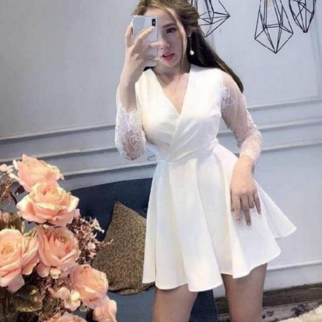 Đầm xòe tay dài phối ren mi