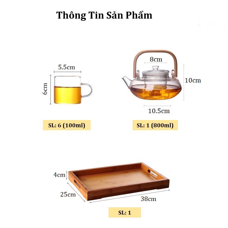 BỘ ẤM CHÉN PHA TRÀ THỦY TINH TAY GỖ KÈM KHAY TRE - ANTH680