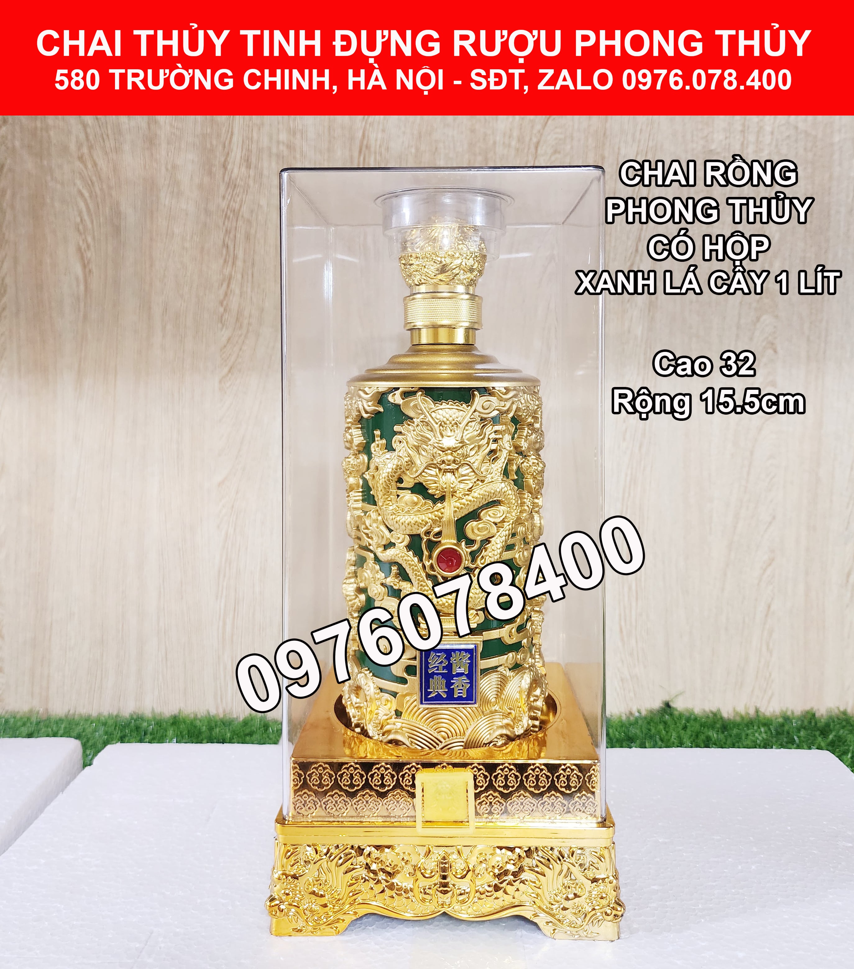 Bình Đựng Rượu Đế Vương Khảm Rồng 1,2L Màu Xanh Lá