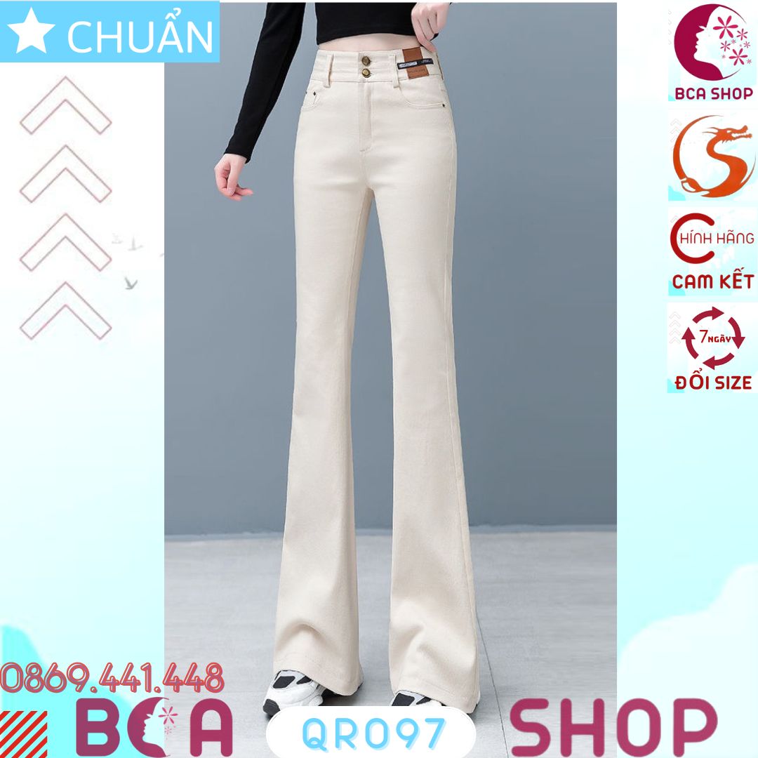 Quần jean nữ ống loe QRO97 ROSATA tại BCASHOP dáng dài thêu hoa, lưng cao 2 nút, phom chuẩn, chất liệu jean - MÀU KEM