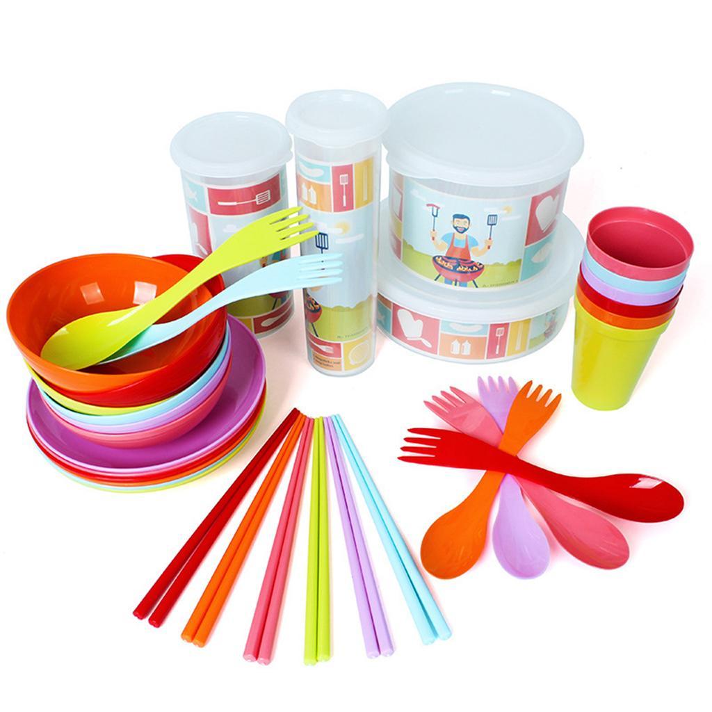Reusable Plastic Dinnerware Set  – Hard Plastic Plates, Bowls & Cupss – Camping Hiking Picnic BBQ Tableware Set