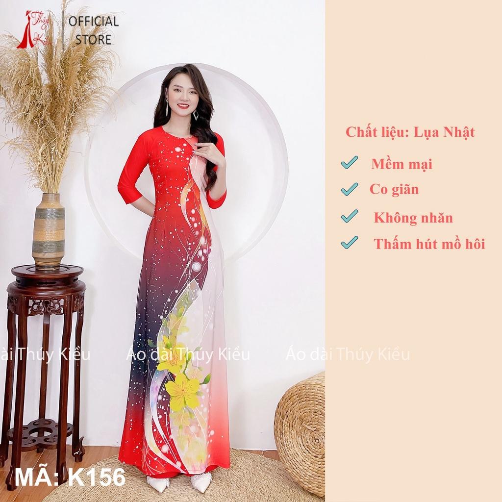Áo dài đẹp truyền thống tết nữ may sẵn thiết kế cách tân nền đỏ cam K156 mềm mại, co giãn, áo dài giá rẻ