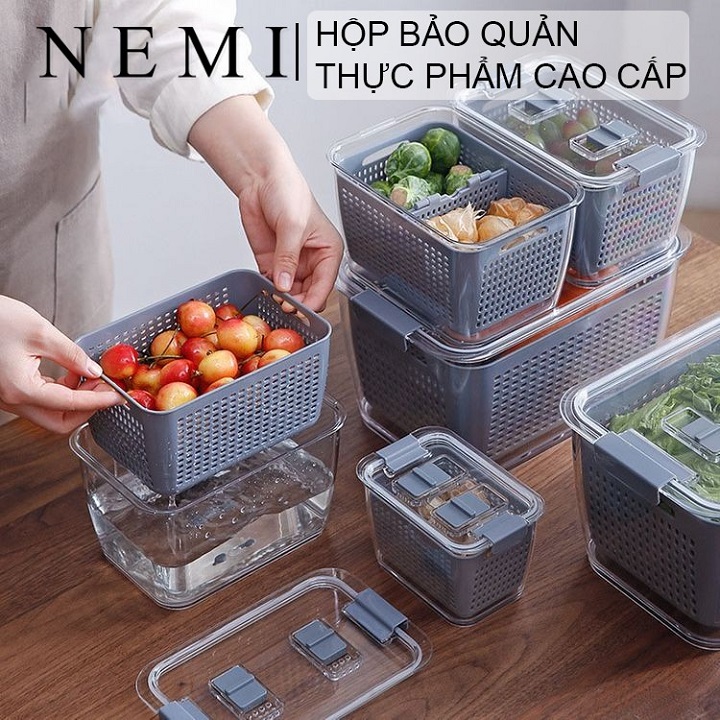 Hộp Nhựa Đựng Thực Phẩm Tủ Lạnh 2 Lớp Có Lỗ Thoát Nước  Bảo Quản Rau Củ Dung Tích 1700 ML